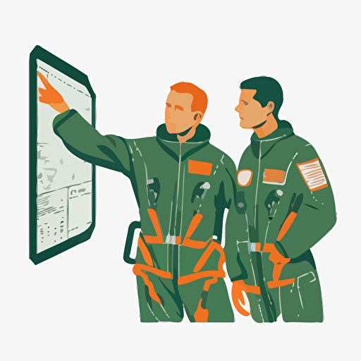 simple vector image of a man in a flight suit teaching another man in a flight suit