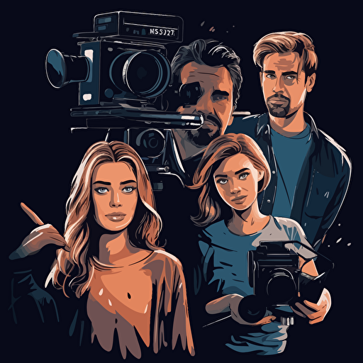 two girls and one guy making films. Vector style over black