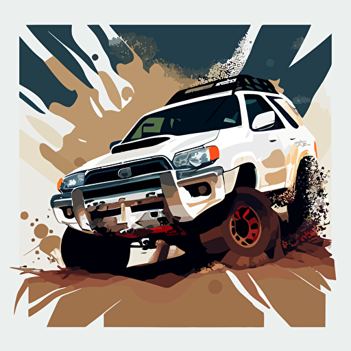 front view of a white Toyota 4Runner, 5th generation 4runner, illustration type, clean, vector image, big wheels, lifted truck, wheels spinning, dirt being thrown from tires, dirt, off road, 4 wheeling, 4x4