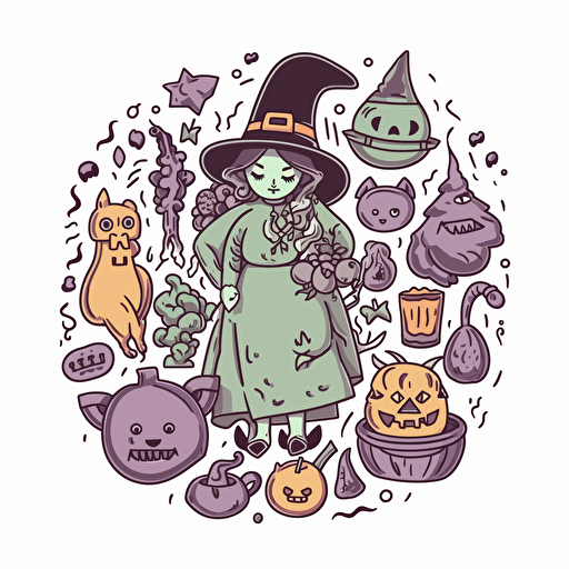 witchy, Sticker, Cute, Muted Color, Naive Art Style, Contour, Vector, White Background, Detailed