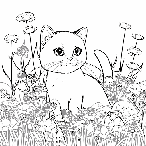 cute cat in field with flowers, big cute eyes, pixar style, simple outline and shapes, coloring page black and white comic book flat vector, white background