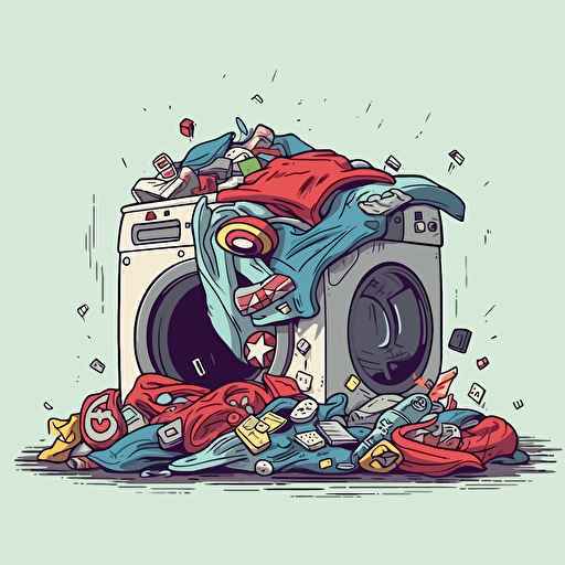a pile of superhero underpants in a pile on the floor next to the washing machine, cartoon, funny, 2d, vector