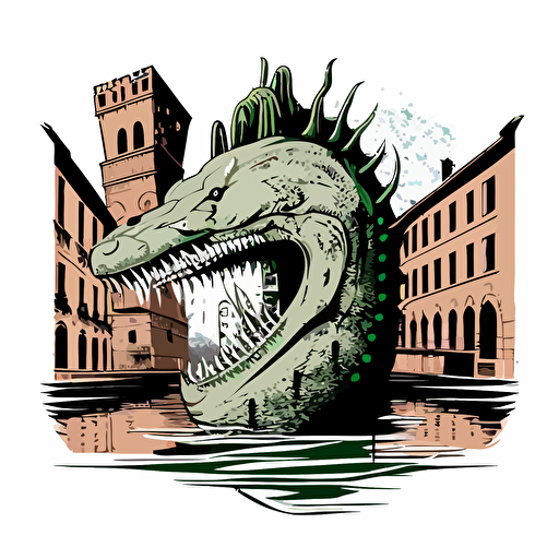 punk rock lochness monster in the canals of venice, vector logo, vector art, emblem, simple cartoon, 2d, no text, white background