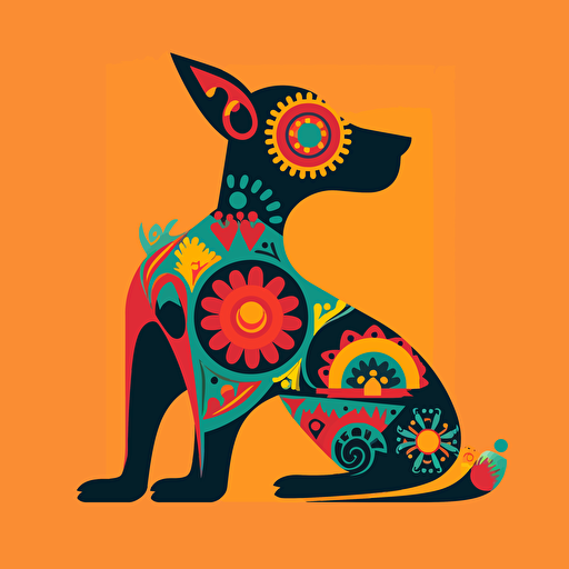 vector art, a single dog sitting illustration, dia de los muertos, simple shapes, minimalist, printmaking, vibrant colors, flat background that is one color