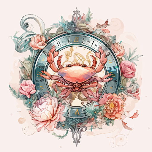 Whimsical Victorian Rococo zodiac cancer, detailed, cartoon style, 2d watercolor clipart vector, creative and imaginative, hd, white background