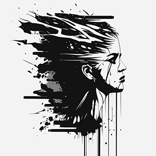 vector image, smooth strokes, flat design, black and white , a human head that is dissolving