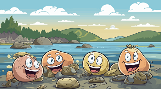 a vector design for a place called happy clam land showing happy clams on a maine bayfront rocky shoreline