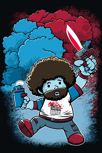 Bob Ross as a Gundam with a giant paint brush shooting paint, vector art