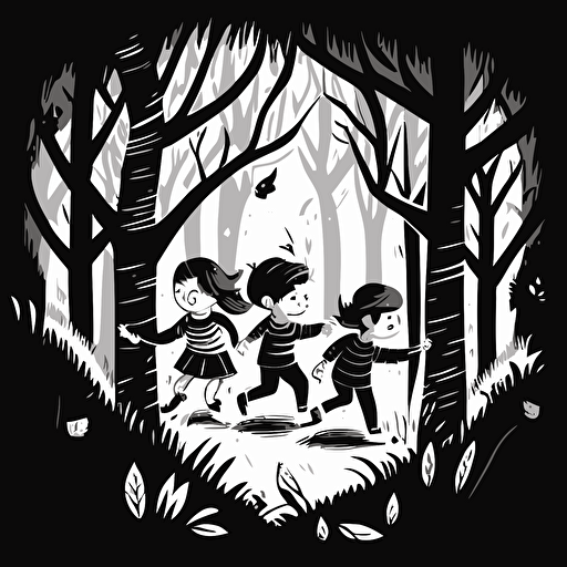 black and white vector illustration of two little boys and one little girl emerging happily from the woods.
