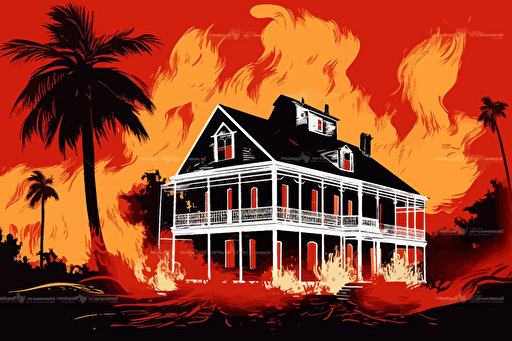 plantation house on fire, vector, gritty, detailed, red background,