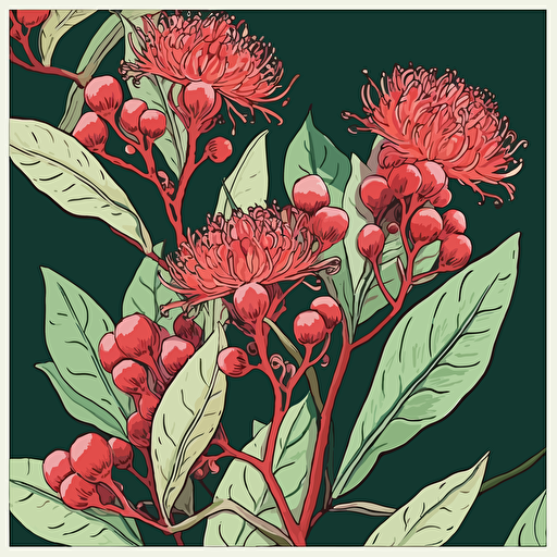 a vector flat image of a curved single stem of gum flowers up close. No shading. Block print red pink and green. Up close. With leaves. Accurate.
