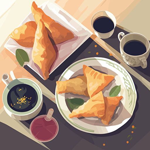 Flat Vector Illustration of Samosa and Tea in a Parisian Table setting, Style of Malika Favre. Use only 4 Colours. Strong Light and Shadow.