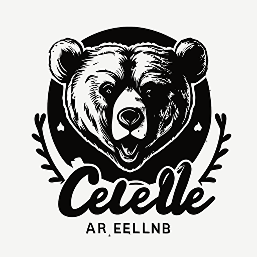 restaurant logo, bear head, bear face, fur, 2d, simple, vector, black and white