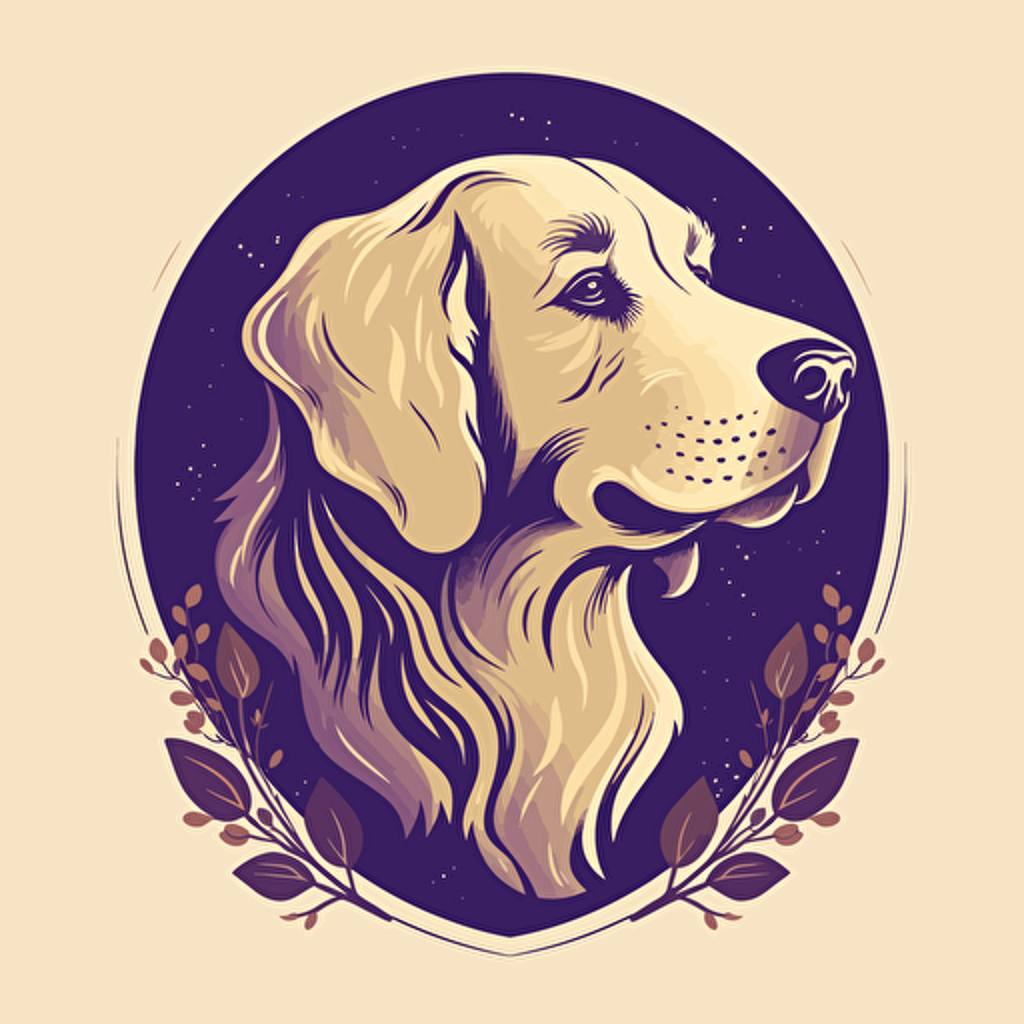 A vector logo of a golden retriever for a dog grooming business, simple, memorable, sincere, honest, wholesome, down-to-earth, purples, blues