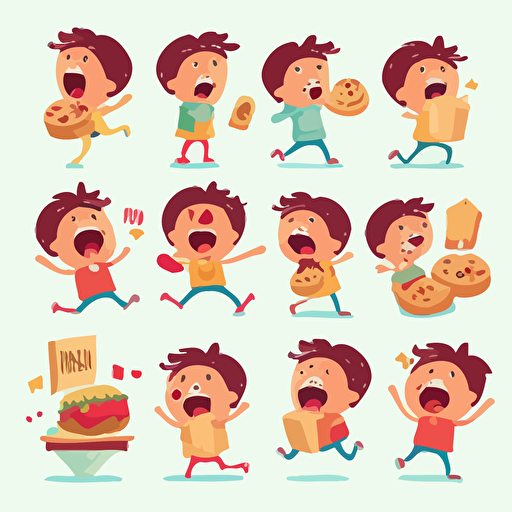 fast food, multiple poses and expressions ,children's book illustration style, simple, full color, flat color,vector