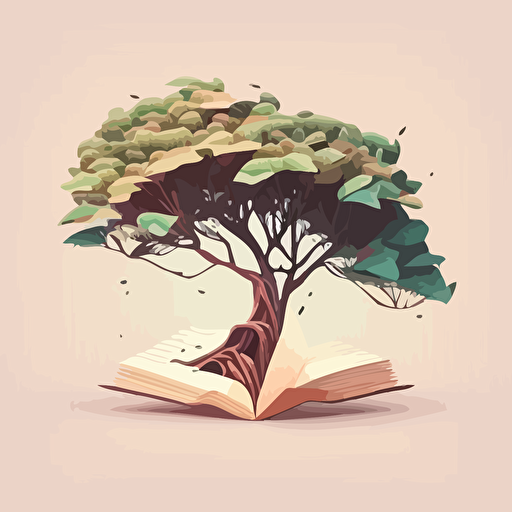 a dream-like tree growing out of a book, illustration style, low angle, flat art, vector