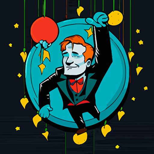vector cartoon of conan o'brien hanging from a paper moon, exaggerated, vibrant colours, centered, dark background
