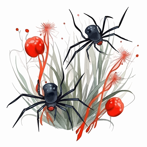 black widow spider flowers, detailed, cartoon style, 2d watercolor clipart vector, creative and imaginative, hd, white background