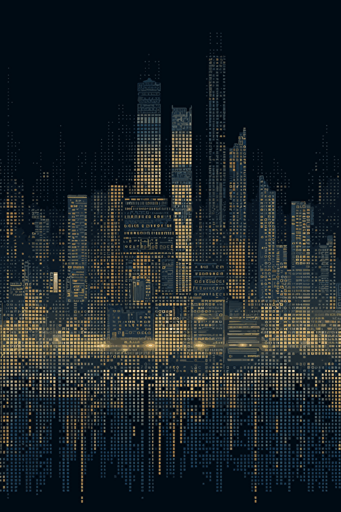 seamless wallpaper made of digital binary barcode data, vector dot matrix futuristic ziggurat cityscape skyline, ultra-sharp intricate details, navy and gold, dark indigo and dark gray