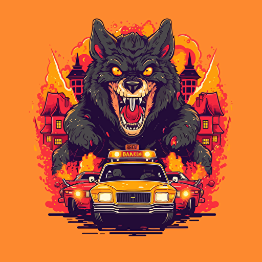 a clean vector design of a burning police car surrounded by werewolves