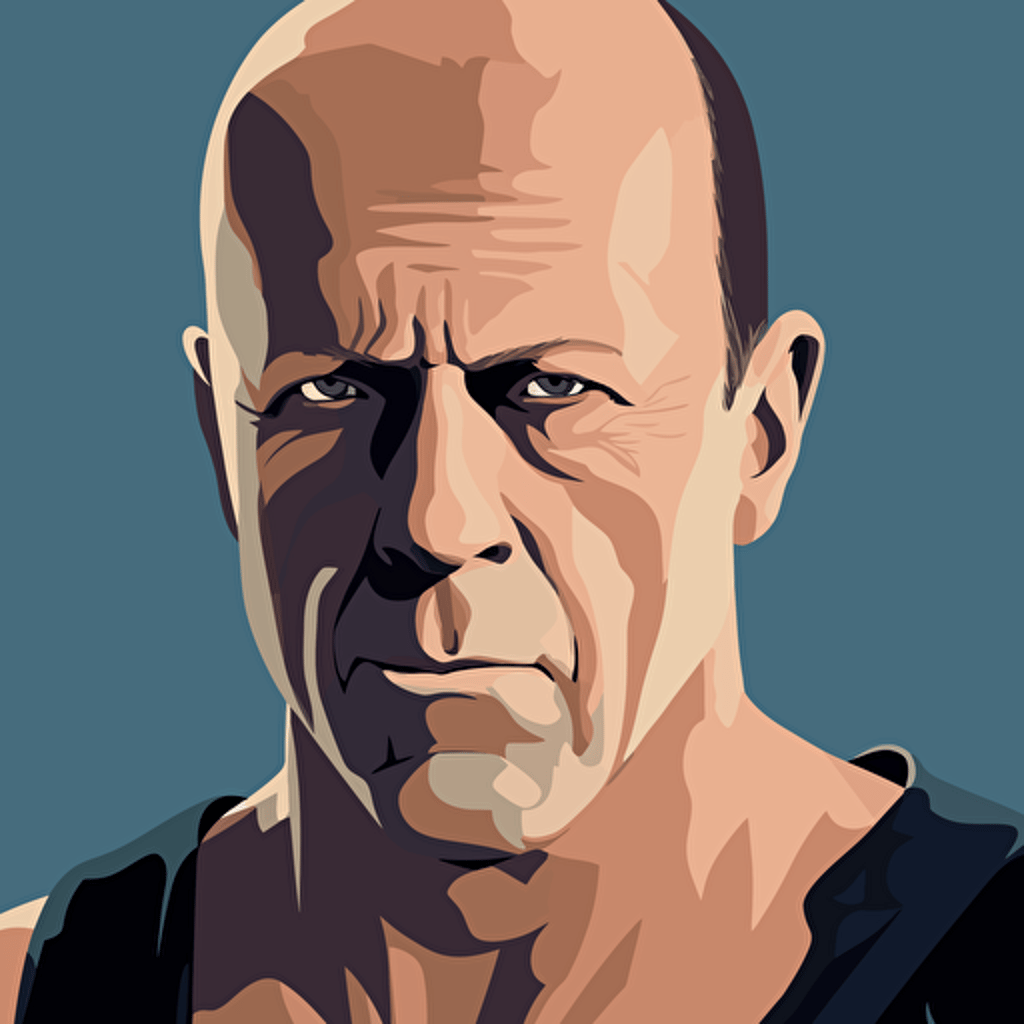 bruce willis in movie 'die hard', vector, saturday morning cartoon style