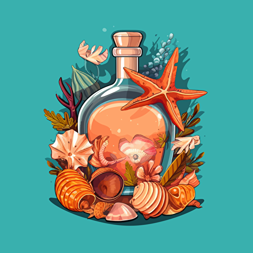 an open bottle of rum with shells and corals, cartoon, vector style