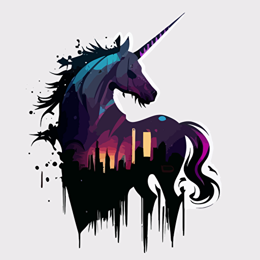 colrful unicorn walikg throug the bad part of a dark city, vector logo, vector art, emblem, simple cartoon, 2d, no text, white background