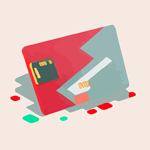 credit card with a bitemark in it, vector flat, isometric, minimalist, red, simple