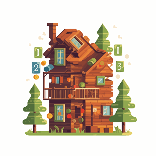 cabin made from board game elements, flat 2d logo:3, white background, vector