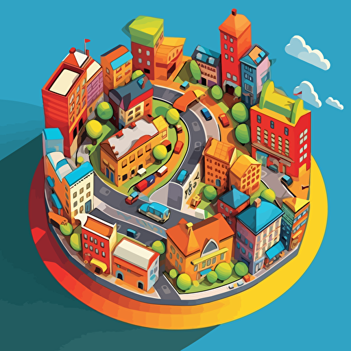 a city themed, 360 degree designed card back concpet in fun primary colours with a vector art style