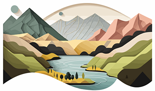 mountain and river in a landscape, geometric, flat, vectors, minimalistic, white background with empty spaces on top