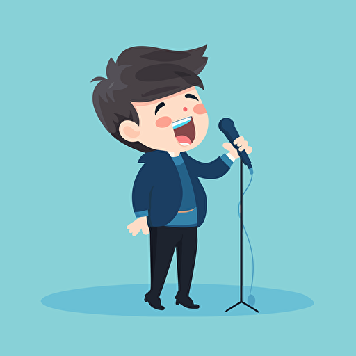 minimal vector illustration of a cute boy pretending to sing into a spring oinion, black jacket, blue pants, isolated on background