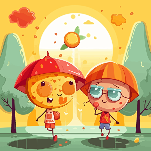 sticker design, super cute pixar couple walking in a park in the extreme heat, vector
