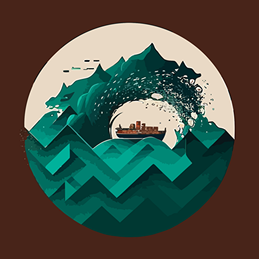 Shape: wave, mountain, container ship silhouette, circle Color: deep teal, light sky blue, brown Font: sans Symbols Layout: negative space, simplicity Texture: container ship silhouette Overall style: simplicity, minimalism, 2-color, crashing waves logo vector outline, curves, circle shapes, modern feel