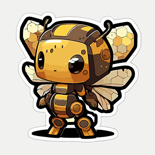 vector sticker design, kawaii cute style, yellow and brown robot honey bee , transparent background