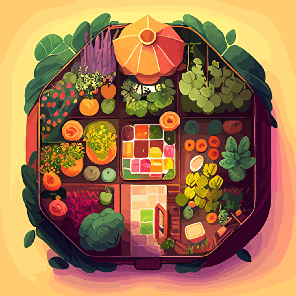 a greenhouse in a vegetable garden, top-down view, 2D, vector art, no-shadow, procreate, quirky visual storytelling, still life, fun, cozy, bloomcore, vibrant colors, cute