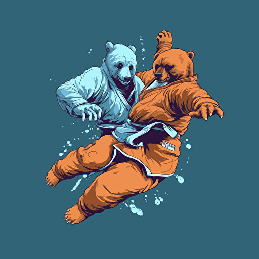 Bear taking down another bear midair, wearing jiu jitsu clothes, vector animation illustration, 4 colors limit, solid background, high resolution