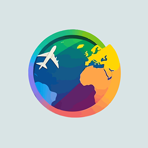 flat vector logo of circle, gradient, plane around the earth, simple minimal, by Ivan Chermayeff