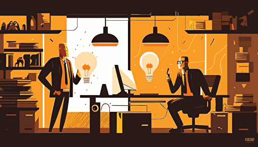 two corporate people talking in an office, light bulb idea floating in the middle, flat vector art style, illustration, very detailed, by Tom Whalen