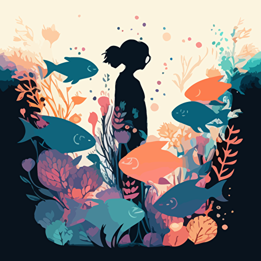 girl, Surrounded by flowers., Three fish next to the girl, Tyndall light effect, Absurd, Vector, A clean background, Gradient color, Modern minimalist illustration