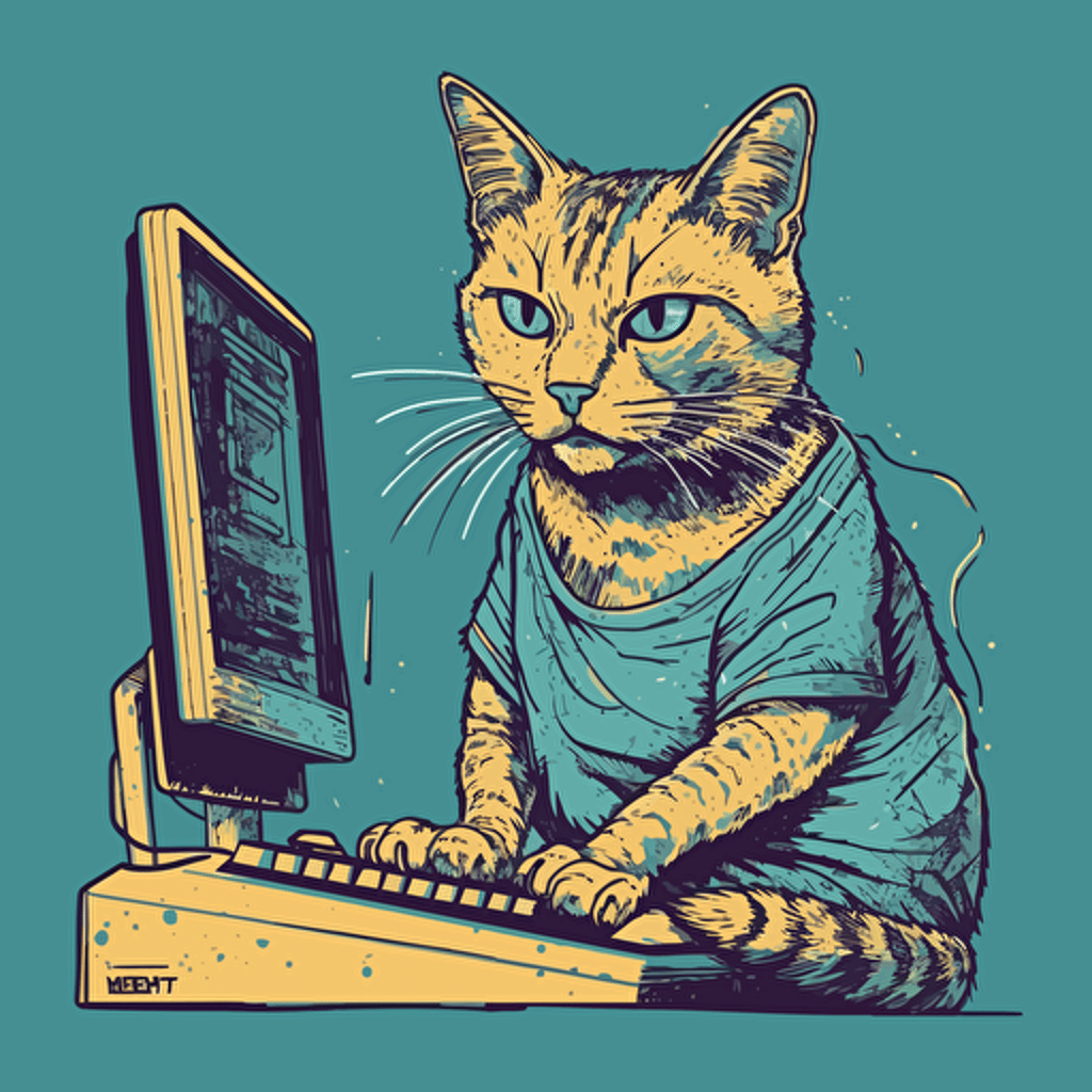 vector art style, cat using a computer, in the style of Michael Parks