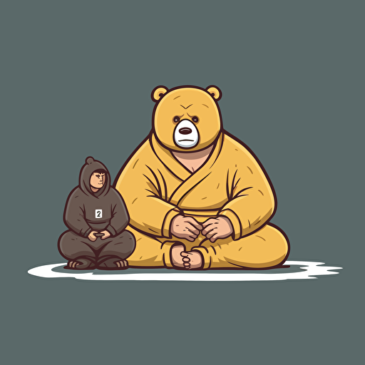 First Bear is layed out flat on the ground. Second Bear is standing slightly kneeling with one knee on First Bear's stomach, Both Bears wearing jiu jitsu clothes,, vector animation illustration, 4 colors limit, solid background, high resolution