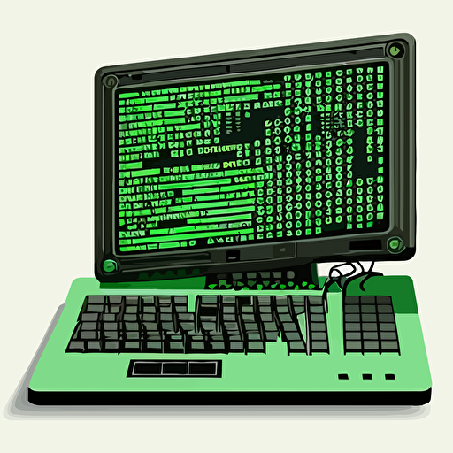 computer with black green with green binary text, cartoon version vector based