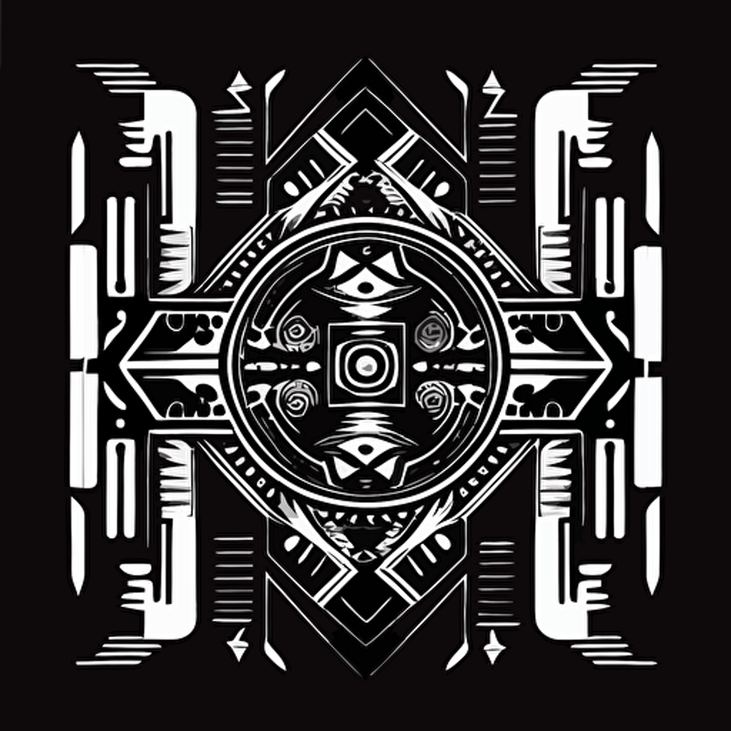 minimalistic aztec style illustration, symmetrical, black and white, vector, 2d
