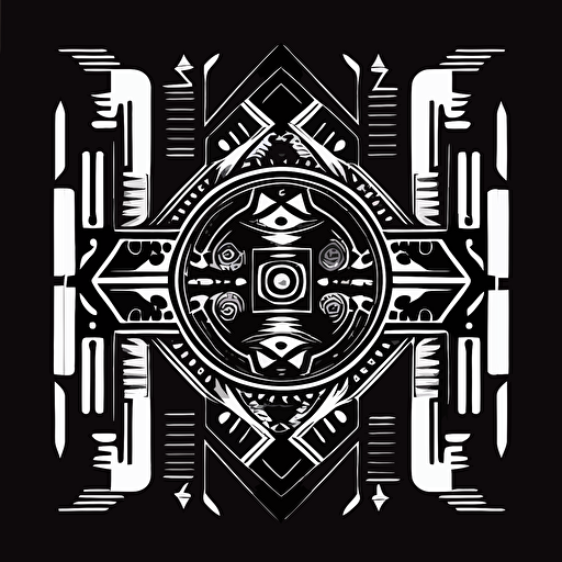 minimalistic aztec style illustration, symmetrical, black and white, vector, 2d