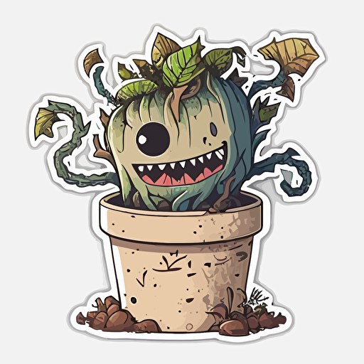monster plant pot, Sticker, Delighted, Earthy, Graffiti, Contour, Vector, White Background, Detailed