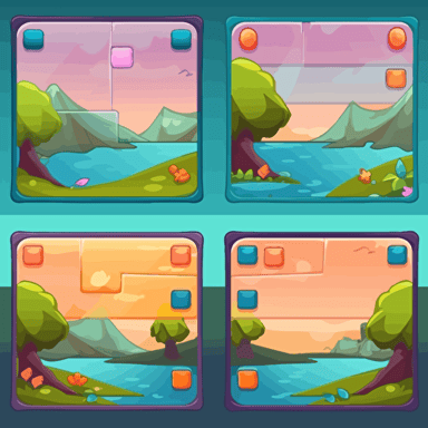 Design a game panel, the center of the panel is solid color, the edges are textured, the edge design is interesting and simple, and the details are rich, designed for 6-year-olds, pastel colors, detailed, flat style, vector, animation