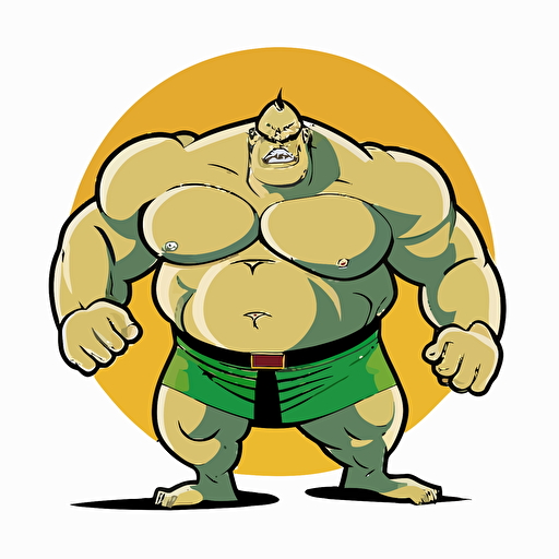 funny ogre dressed as sumo wresler, in bad part of city, vector logo, vector art, emblem, simple cartoon, 2d, no text, white background