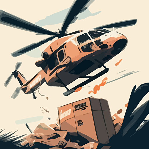 vector drawing of helicopter delivering amazon package from slung rope in a warzone
