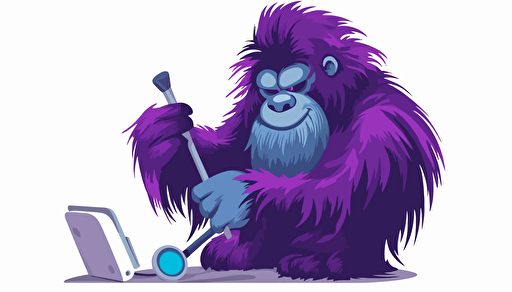 a cute purple yeti with a paint brush painting a computer, negative space, in the style of minimal retouching, aluminum, ultra hd, gorpcore, odilon redon, leica i, sparse and simple, light gradient background, simple vector